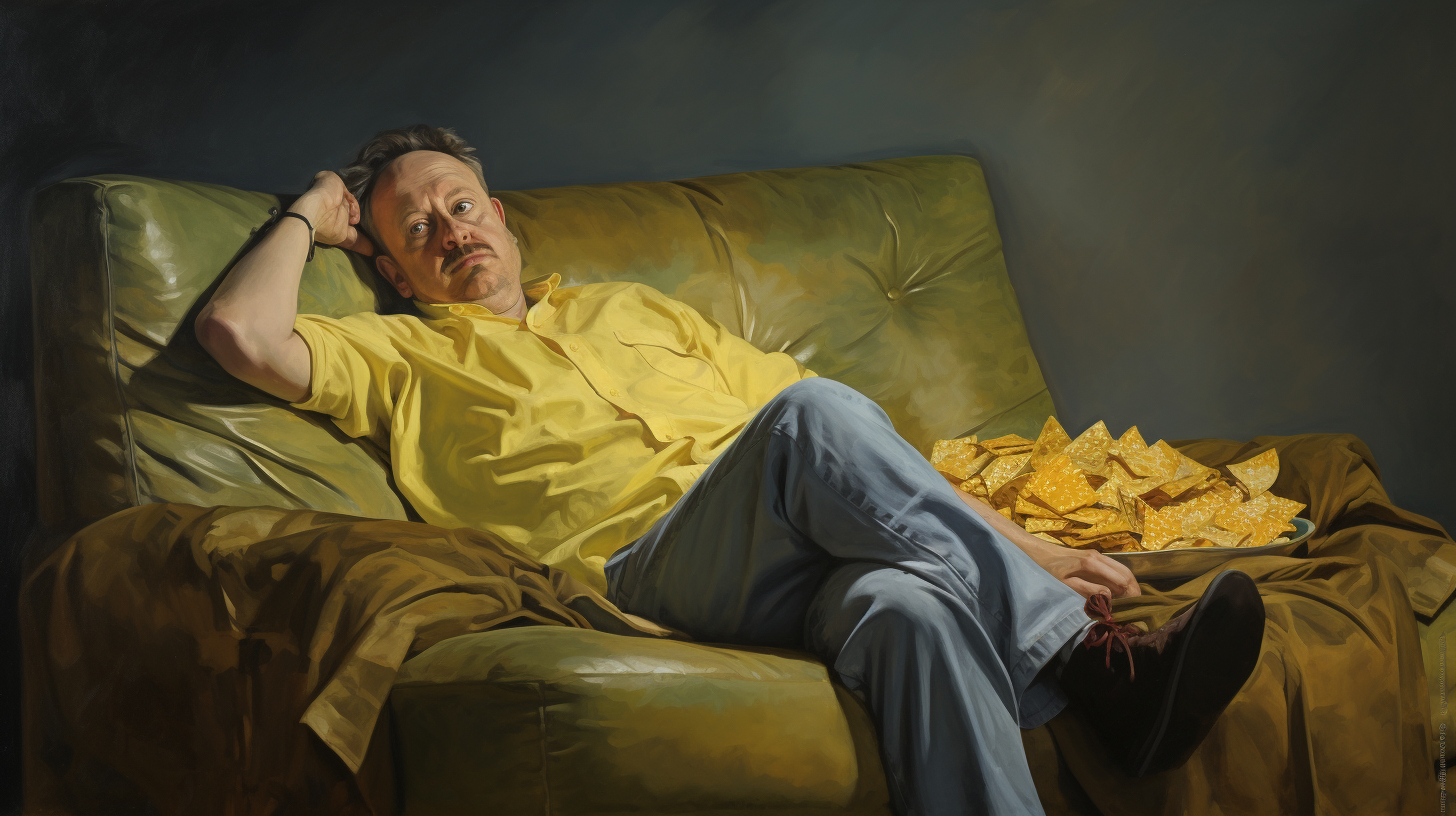 Sedentary older man eating chips, showcasing poor dietary choices that contribute to sarcopenia and reduced stamina, underscoring the need for healthier nutrition and exercise in senior fitness programs.