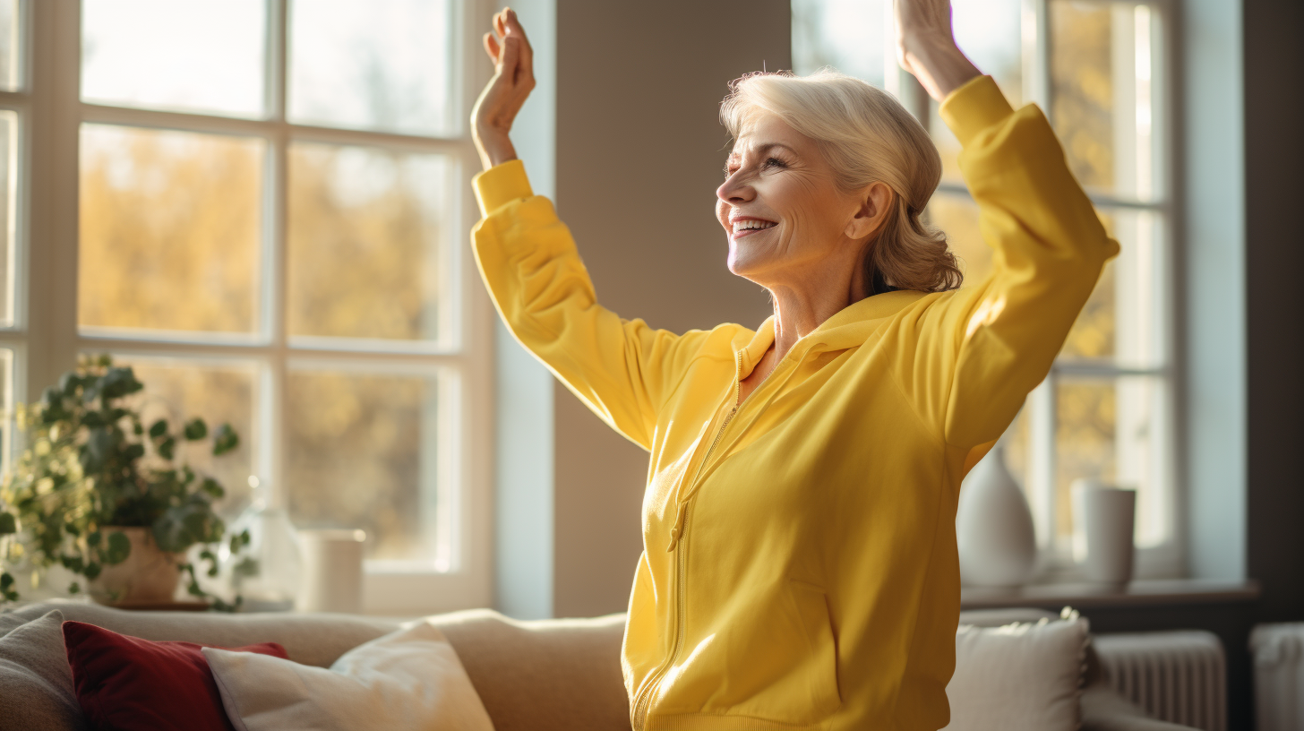 Enhancing Wellness Through At-Home Tai Chi Practice: Serene Older Woman Embracing the Healing Benefits of Mindful Movement and Meditation