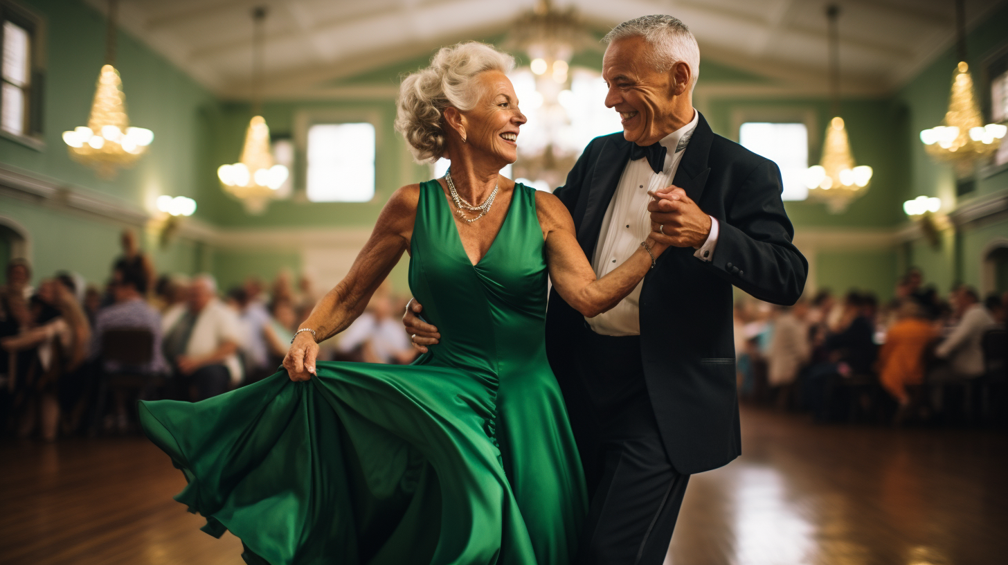 Mature adults enjoying a fun and energetic dance session. Dance for seniors promotes health, happiness, and social connection. Join us and experience the joy of dancing.