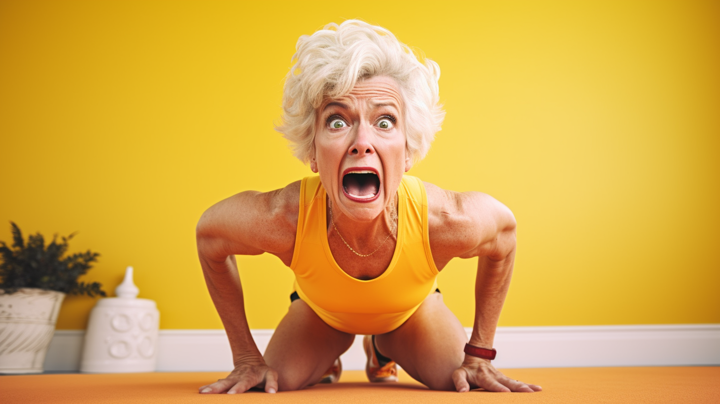 Senior woman feeling frustrated during her workout due to lack of stamina, illustrating the need for personalized senior fitness programs to improve muscle strength and stamina in older adults.
