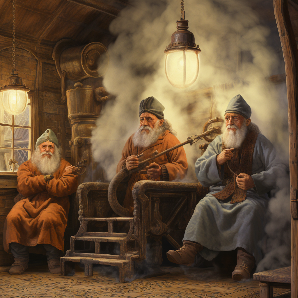 Ancient illustration of adults in their 40s and older using a sauna, reflecting historical beliefs in 'sweating out' illnesses.