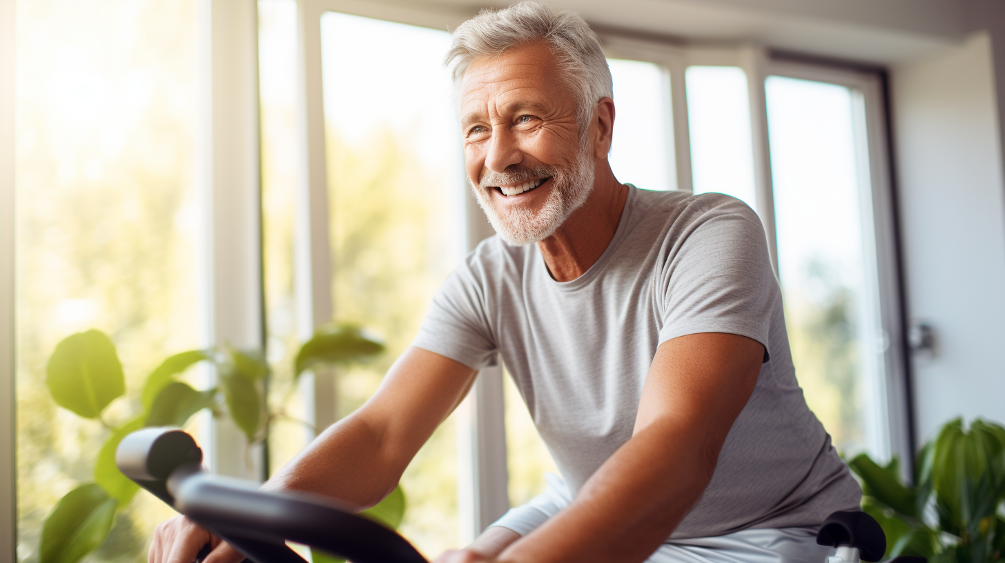 A fit 50-year-old man demonstrating the benefits of stationary cycling, actively engaging in a workout session on his exercise bike at home, exemplifying healthy aging and active lifestyle.