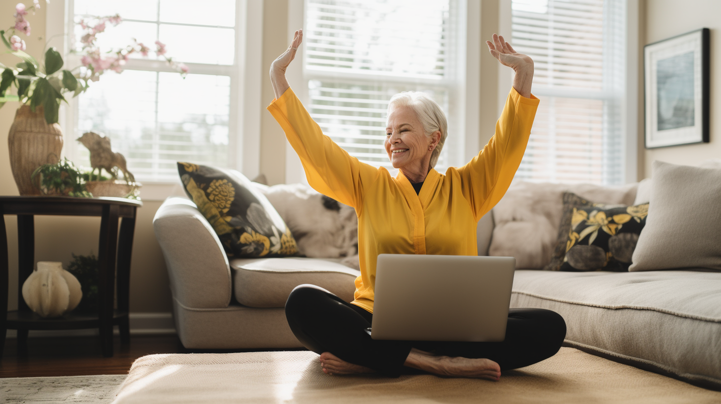 Active Older Woman Engaging in Home Workout with Emma Mattison: Embracing Fitness for a Healthy Lifestyle at Any Age