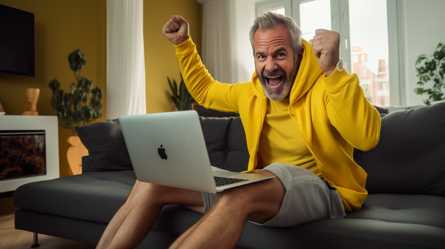 At-Home Fitness Fun for Older Adults: Energetic Older Man Embracing Online Workout with Emma Mattison for a Healthy and Active Lifestyle
