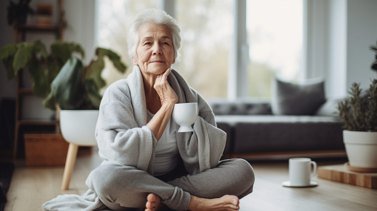 Older woman gently stretching, showcasing appropriate exercises for those feeling under the weather.