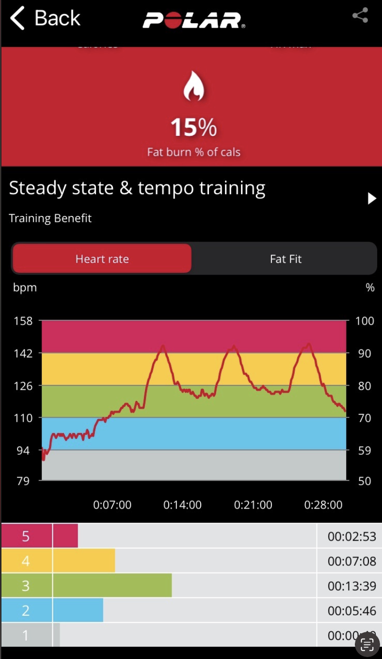 Screenshot of the Polar H10 heart rate monitor displaying a mature adult's heart rate throughout a training session. The heart rate monitor tracks and displays real-time heart rate data, providing insights into the individual's cardiovascular response during exercise.