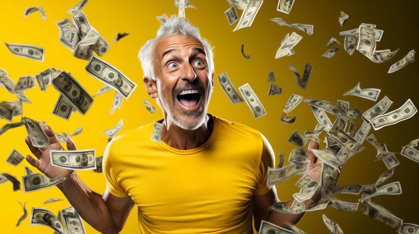Ecstatic older adult surrounded by funds for online personal training