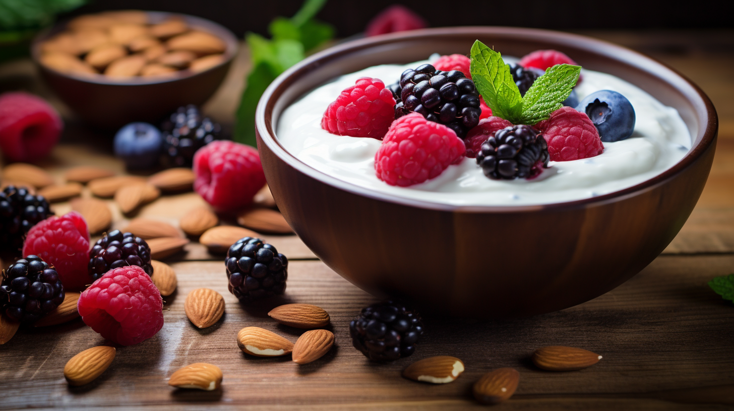 Healthy snack options including Greek yogurt, almonds, and berries, showcasing high-protein choices for maintaining muscle health and aiding recovery in older adults.
