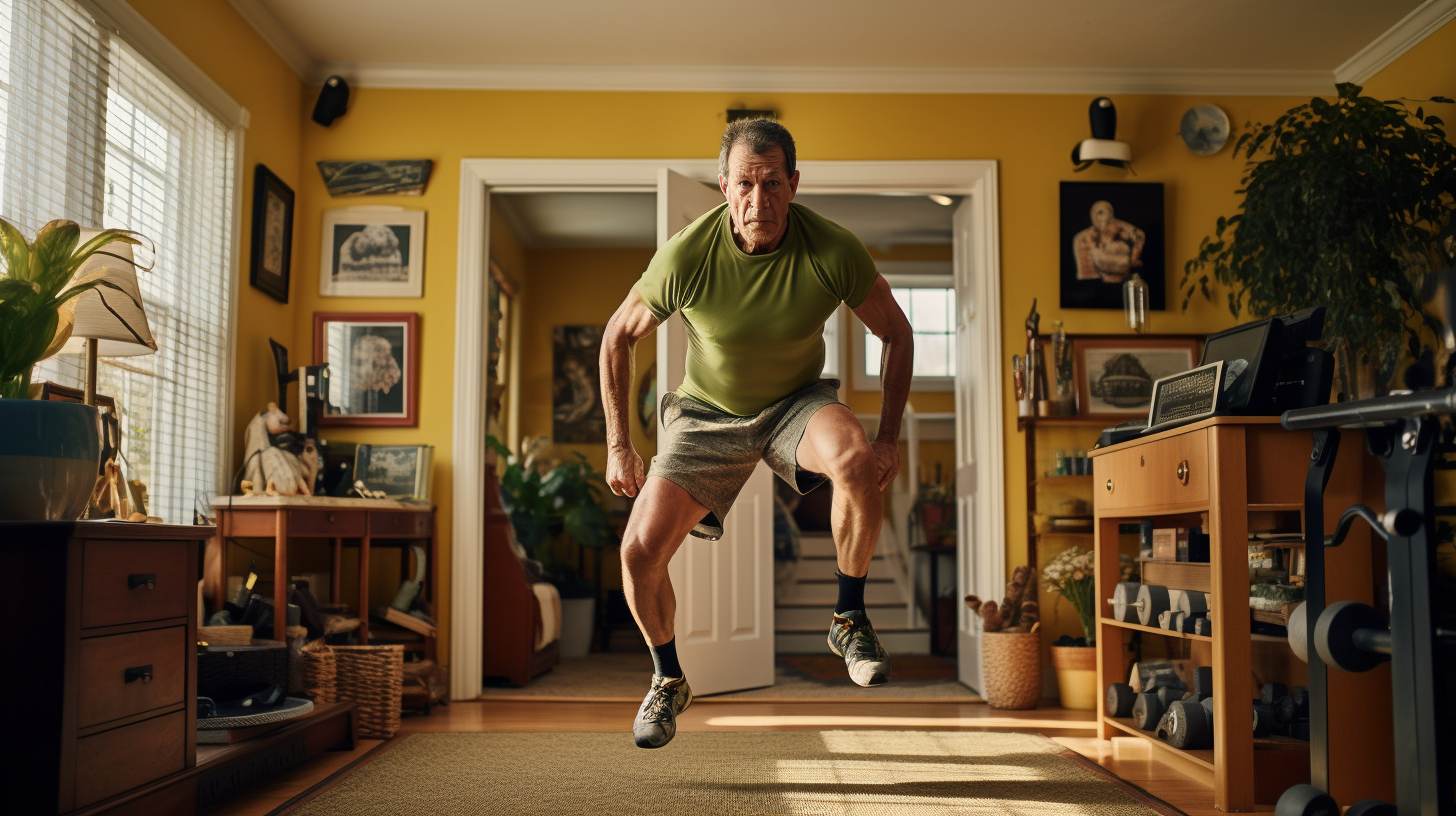 Older adult man performing an at-home workout to boost his stamina, reduce the effects of sarcopenia, and improve overall wellness, embodying the benefits of senior fitness programs for health and longevity