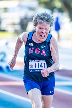 Florence “Flo” Meiler, 87, Shelburne, VT (Shown in photo above)  High Jump with a height of 0.94 meters