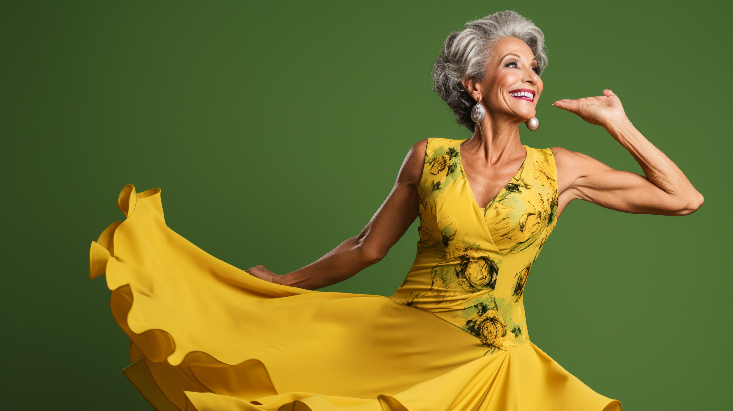 Older adult woman gracefully enjoying the physical and social benefits of ballroom dancing.