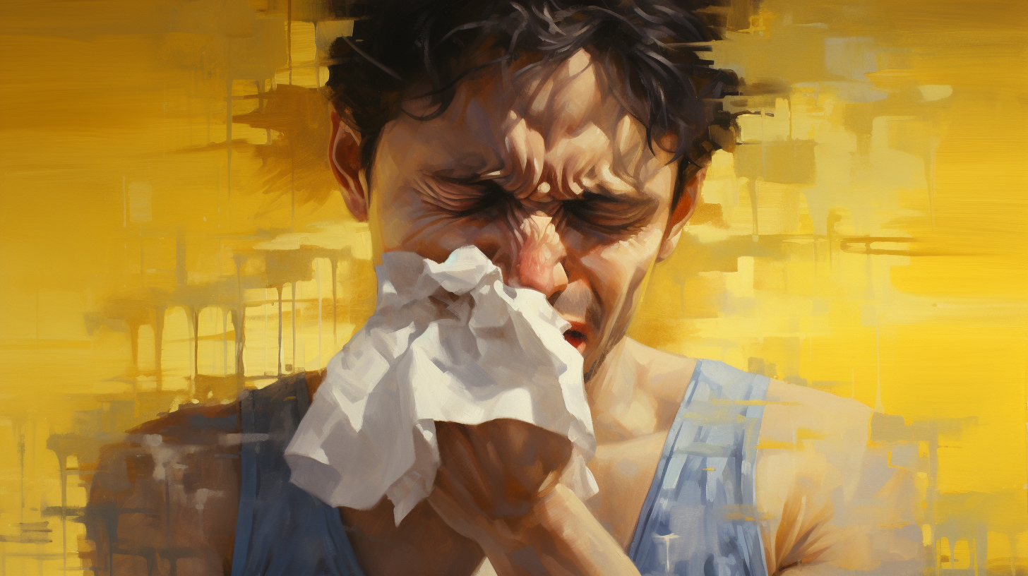 Man in his 40s blowing his nose while trying to exercise, illustrating the myth of 'sweating out' a cold.