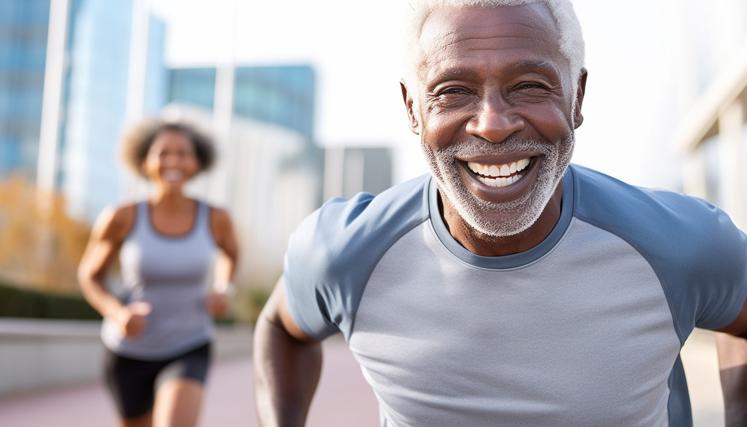 Older adult engaging in aerobic base training and another older adult performing threshold training for cardiovascular fitness. The image showcases the benefits of improving the aerobic base in older adults, highlighting endurance building, oxygen delivery to muscles, fat utilization, lactate threshold, and anaerobic capacity. Photo-realistic depiction captured with an iPhone 4K lens.