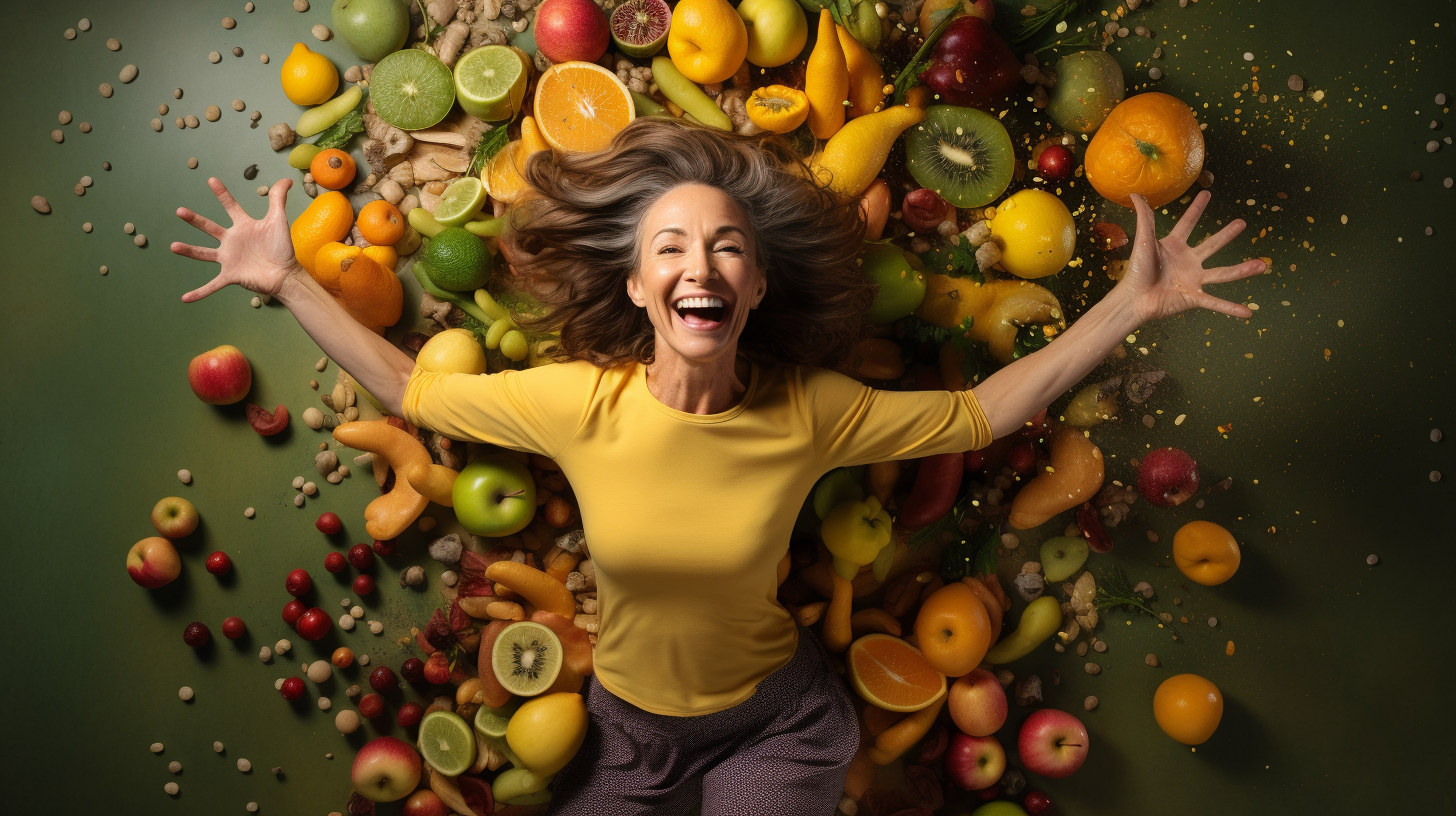 50-year-old woman enjoying a meal rich in healthy proteins and nutrients, exemplifying good dietary choices for combating sarcopenia and enhancing longevity as part of a senior fitness program.