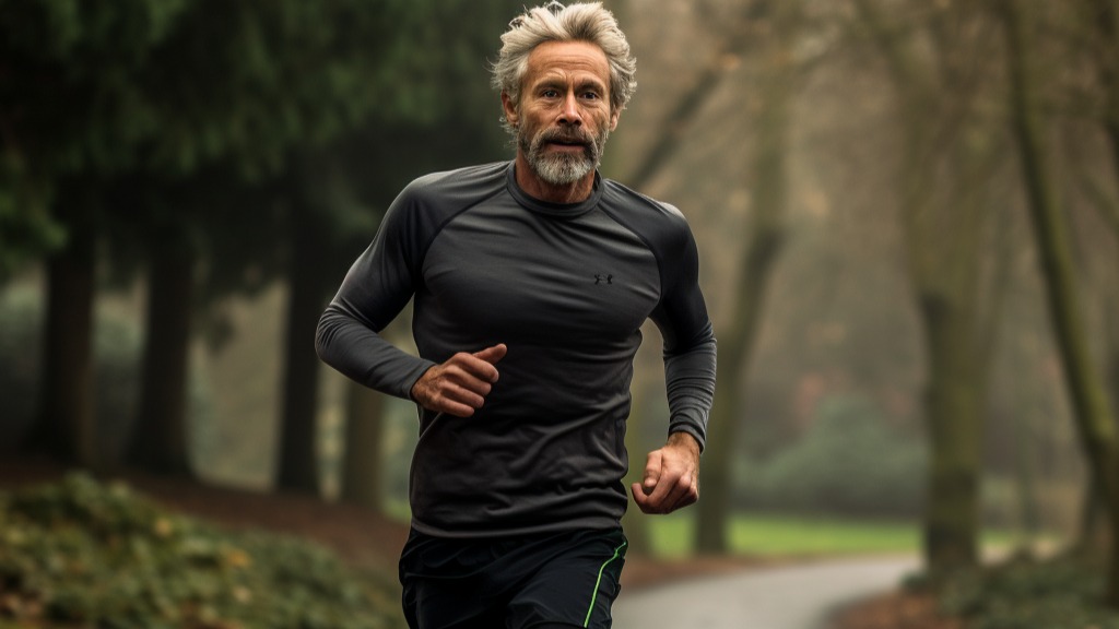 50-year-old man showcasing exceptional running performance, enhanced by recommended dietary supplements.