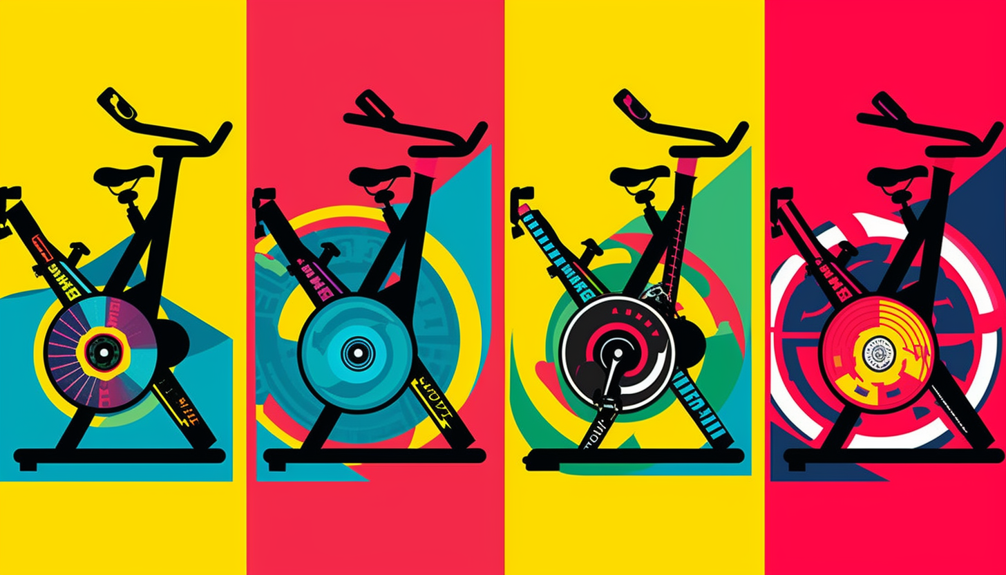 Pop-art illustration showcasing 'The Ultimate Stationary Bike Brands Showdown.' Four top stationary bike brands compared visually through distinctive logos or visual elements, representing durability, style, innovation, and accessibility. Engaging and vibrant representation of the comparison. No actual brand logos used in the illustration.