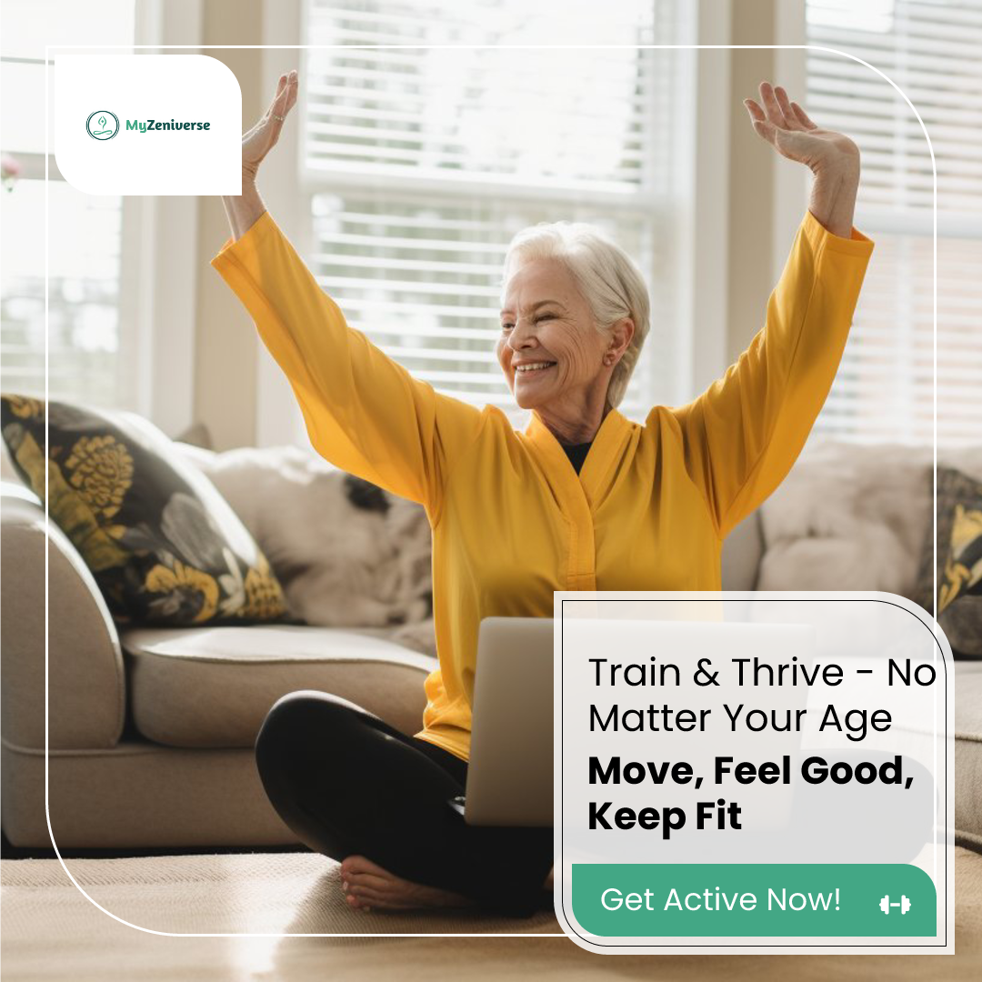 An older woman joyfully participating in an online fitness class from her living room. She is in mid-movement, following the instructions on her tablet screen, and her face is lit up with enthusiasm and determination, embodying the spirit of joyful movement and active aging.