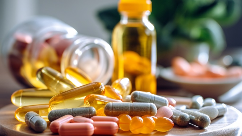 Assorted dietary supplements in capsules and tablets, recommended for older adults aiming to enhance athletic performance and well-being.