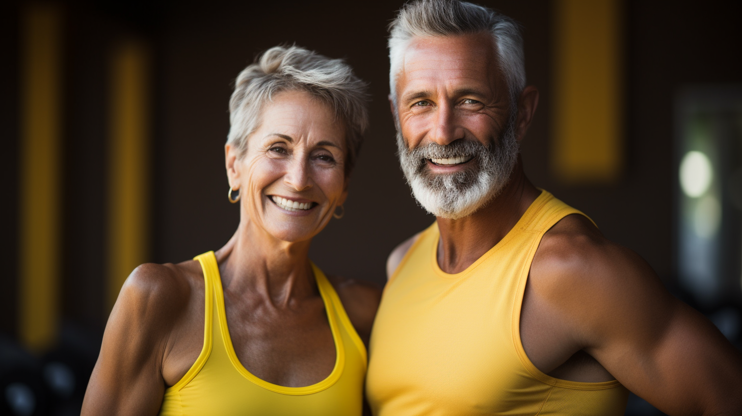 Two vibrant older adults demonstrating fitness and health, showcasing the benefits of protein for muscle recovery and overall muscle health.