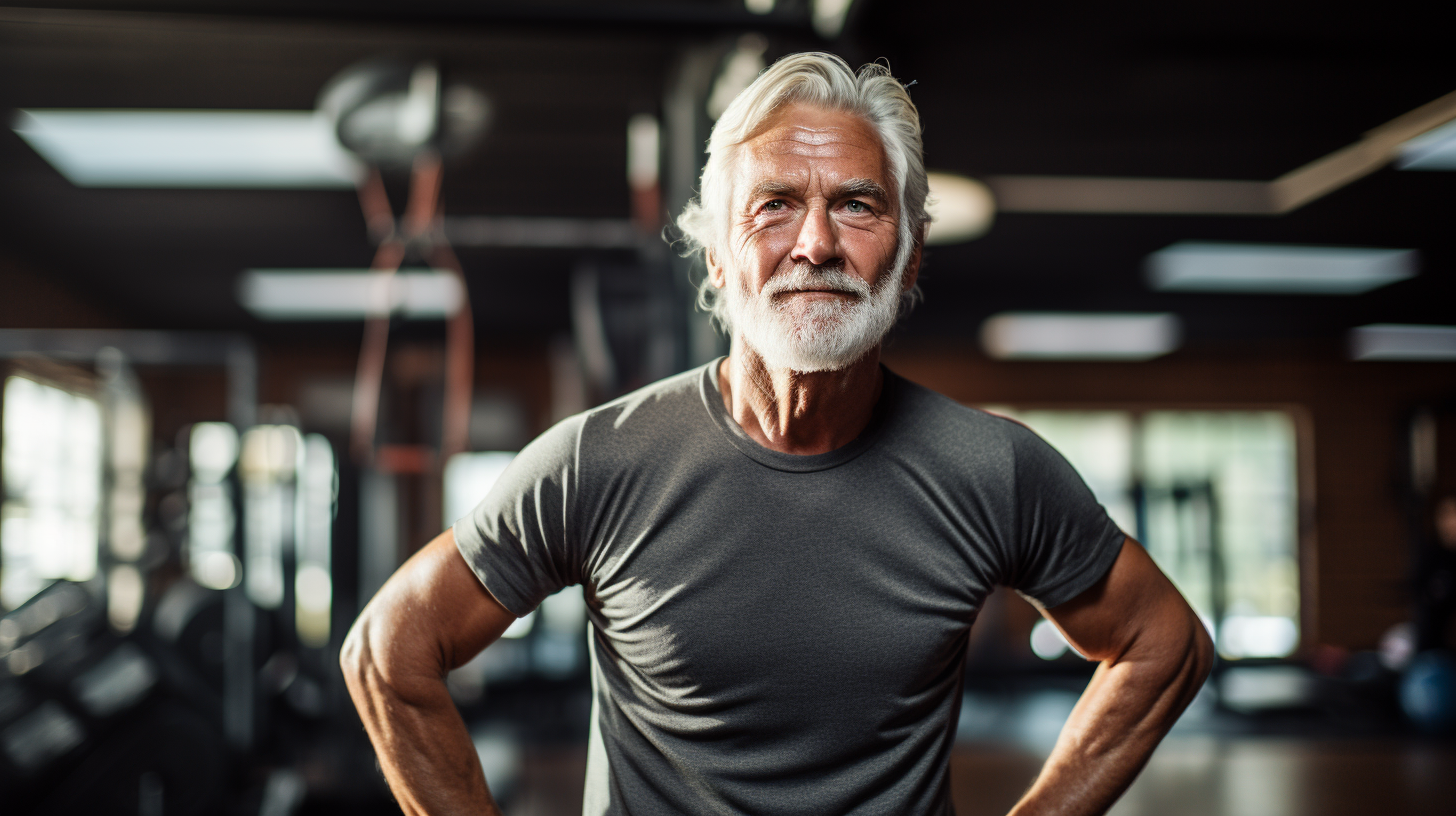 Confident older adult embracing online training, committed to their health and fitness journey.