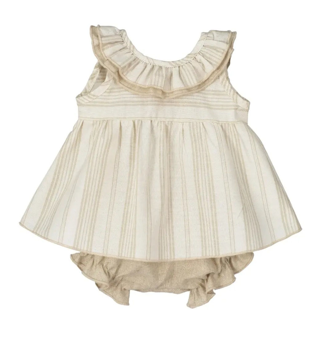 Cream & Beige Striped Ruffle & Bow Top & Linen Shorts