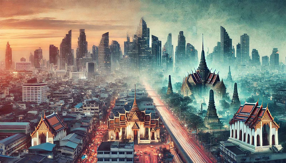 Bangkok's modern skyline blending with ancient Thai architecture