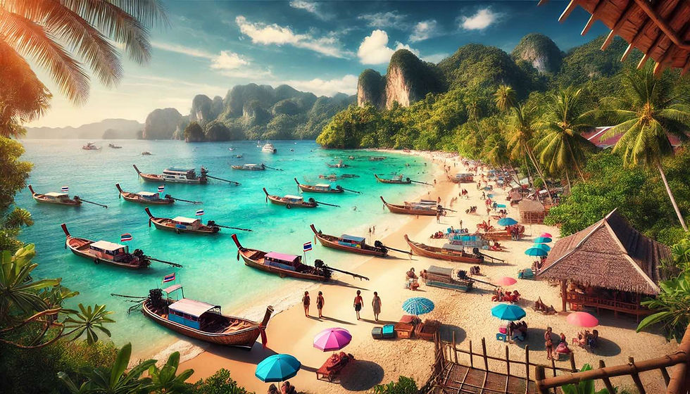 A beautiful tropical Thai beach with traditional long-tail boats