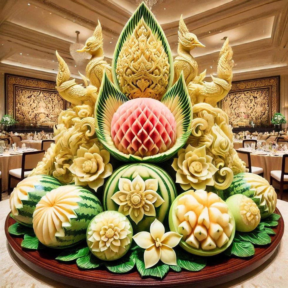Elegant fruit carving at a Thai banquet