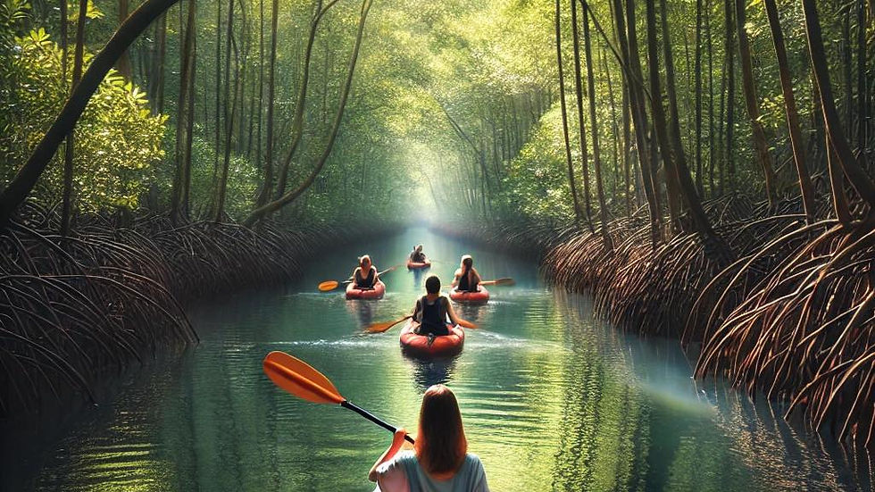 A peaceful kayaking scene through a mangrove forest