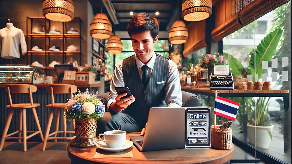 Expat managing online business in cozy Thai cafe