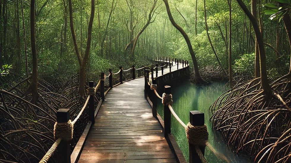 A wooden boardwalk winding through a mangrove forest