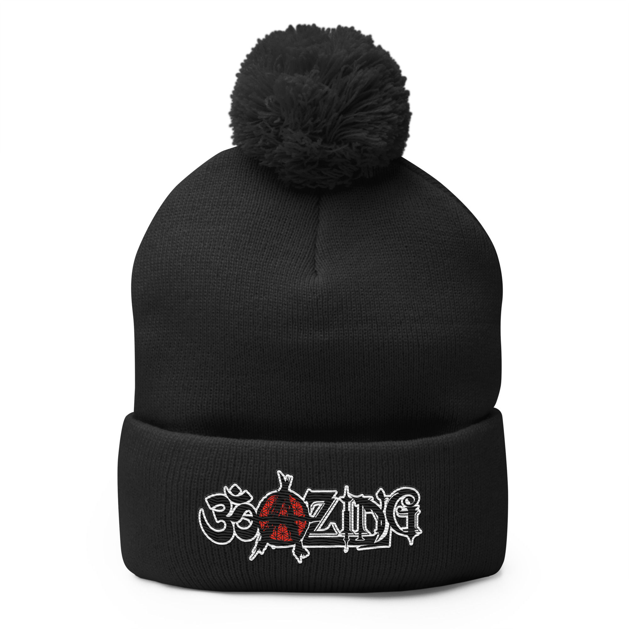OM-A-ZING (Blkletter/Red Dot) - (EMB) Pom-Pom Beanie