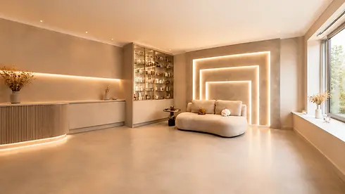 Modernes Wohnzimmer mit geschwungenem Sofa und LED-Wandbeleuchtung
