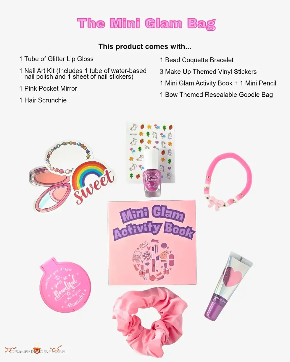 items for bag displayed, mirror, bracelet, booklet, lip gloss, scrunchie, nail polish, activity book