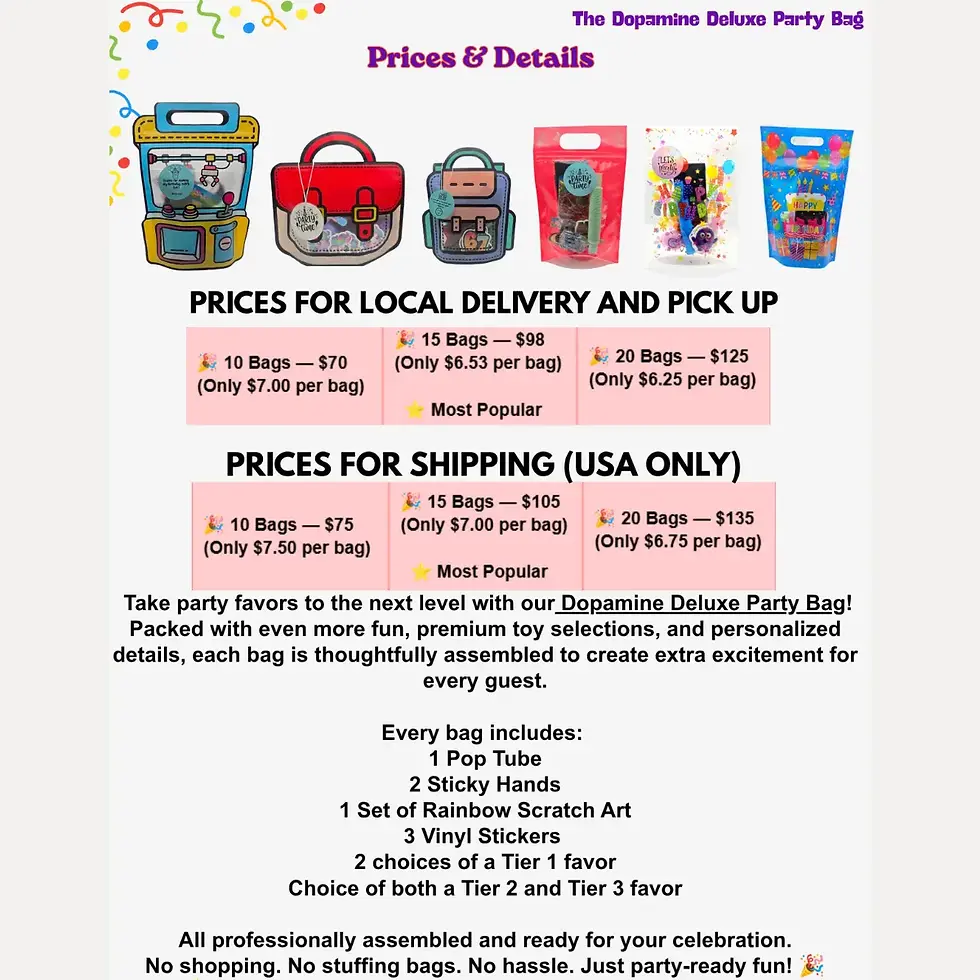 pricing table for the dopamine deluxe party bag