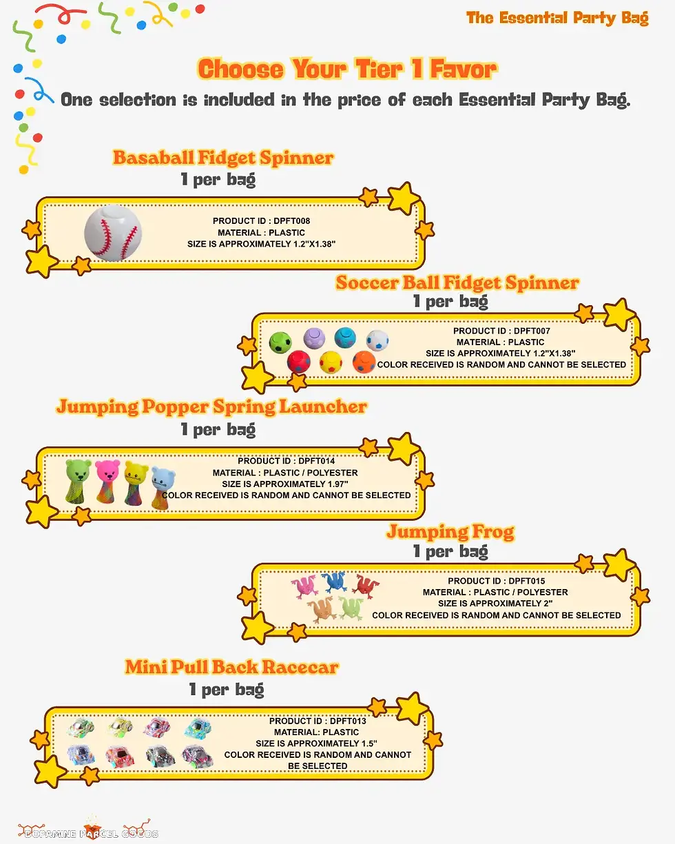 Thumbnail: Tier 1 party favor choices included with the Essential Party Bag including fidget spinners, jumping frogs, pull back cars, an