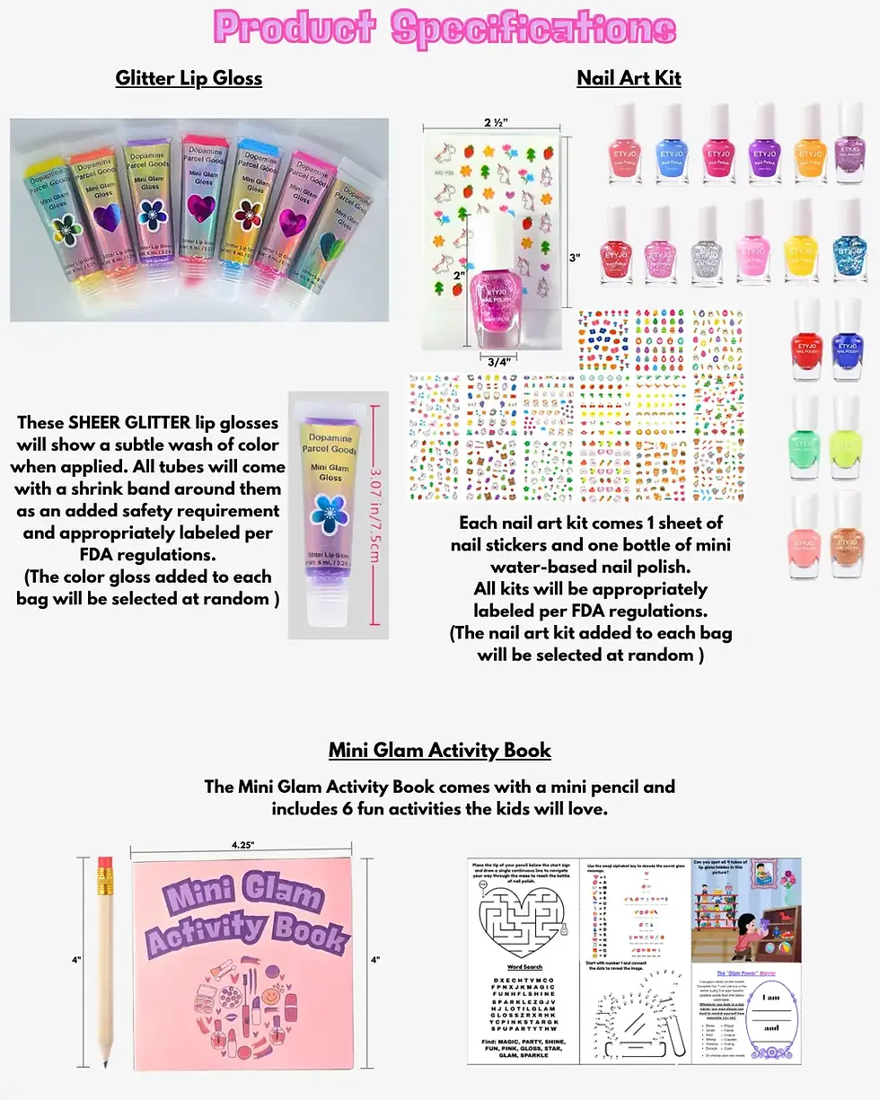 Thumbnail: specs for lip gloss, nail art kit, activity book