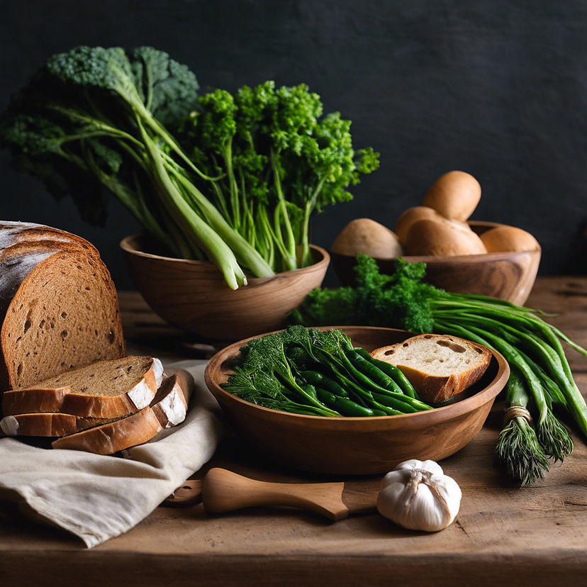 EARTHY AND RUSTIC FOOD PREP WITH DARK GREEN VEGETABLES AND RUSTIC BREAD.jpg