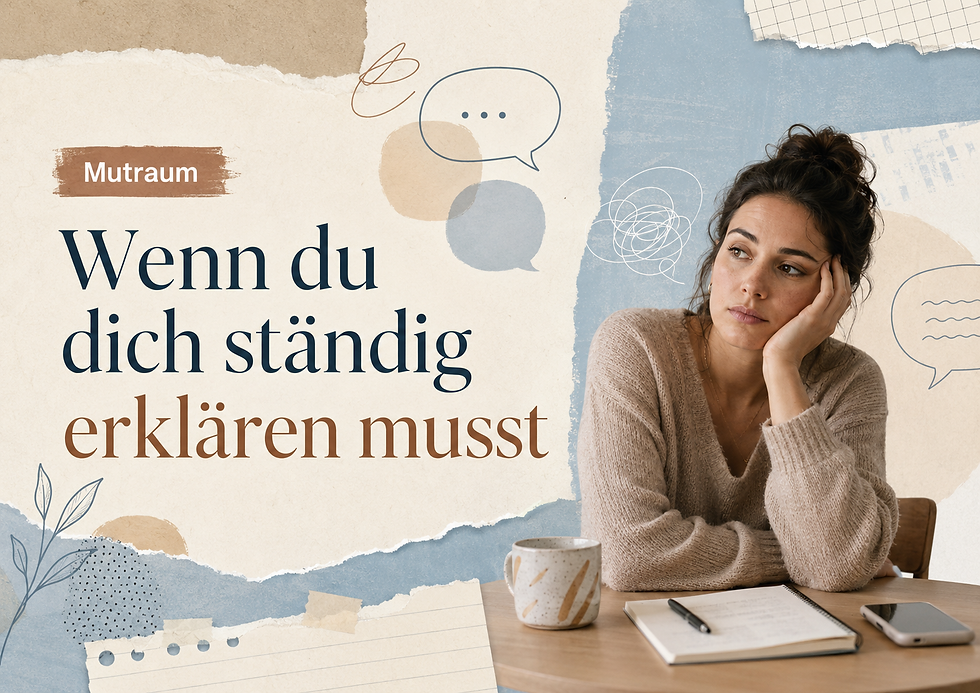 Blog-Thumbnail im Collage-Stil mit Creme, Pastellblau und hellem Braun. Eine nachdenkliche Frau sitzt an einem Tisch mit Tasse, Notizbuch und Smartphone. Sprechblasen und Papierstrukturen symbolisieren innere Unruhe und Erklärungsdruck. Der Text lautet: „Wenn du dich ständig erklären musst“. Oben steht „Mutraum“.