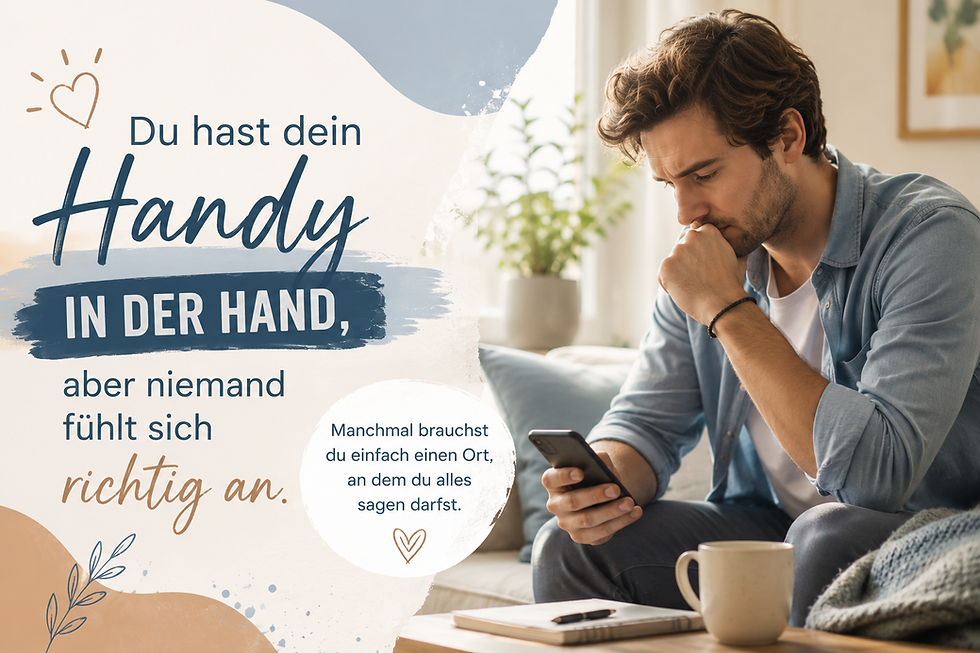Blog-Thumbnail im hellen Kummerdieb-Stil: Ein nachdenklicher Mann sitzt in einem gemütlichen Wohnzimmer mit dem Handy in der Hand. Neben ihm stehen eine Tasse und ein Notizbuch. Die Gestaltung nutzt sanfte Creme-, Braun- und Pastellblautöne. Der Text lautet: „Du hast dein Handy in der Hand, aber niemand fühlt sich richtig an.“
