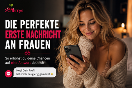 Junge attraktive blonde Frau sitzt in einer gemütlichen Umgebung bei warmem Kerzenlicht und lächelt auf ihr Smartphone, als hätte sie gerade eine interessante Nachricht erhalten. Sie trägt einen hellen Strickpullover und wirkt entspannt, sympathisch und offen. Links im Bild befindet sich die Überschrift „Die perfekte erste Nachricht an Frauen“ sowie ein Beispiel für eine charmante erste Kontaktaufnahme. Das Bild symbolisiert erfolgreiches Online-Dating, interessante Gespräche und die Chance auf eine positive Antwort beim Kennenlernen.