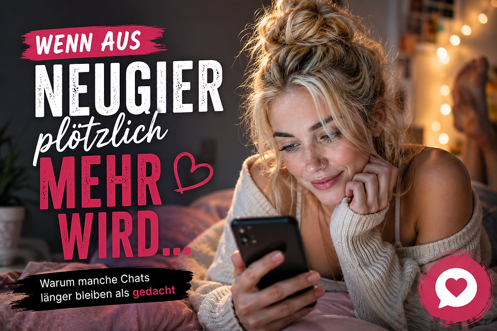 Blonde junge Frau liegt entspannt auf dem Bett und lächelt auf ihr Smartphone. Blogbeitrag über spannende Online-Chats, Neugier, neue Kontakte und warum aus einer ersten Nachricht manchmal mehr entsteht.