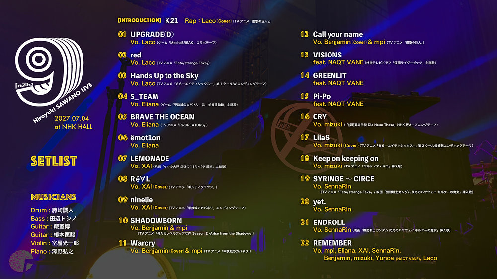 澤野弘之 LIVE [nZk]009 SETLIST