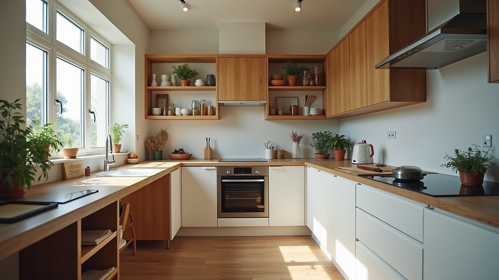 Eye-level view of a modern kitchen under renovation with exposed cabinets and tools