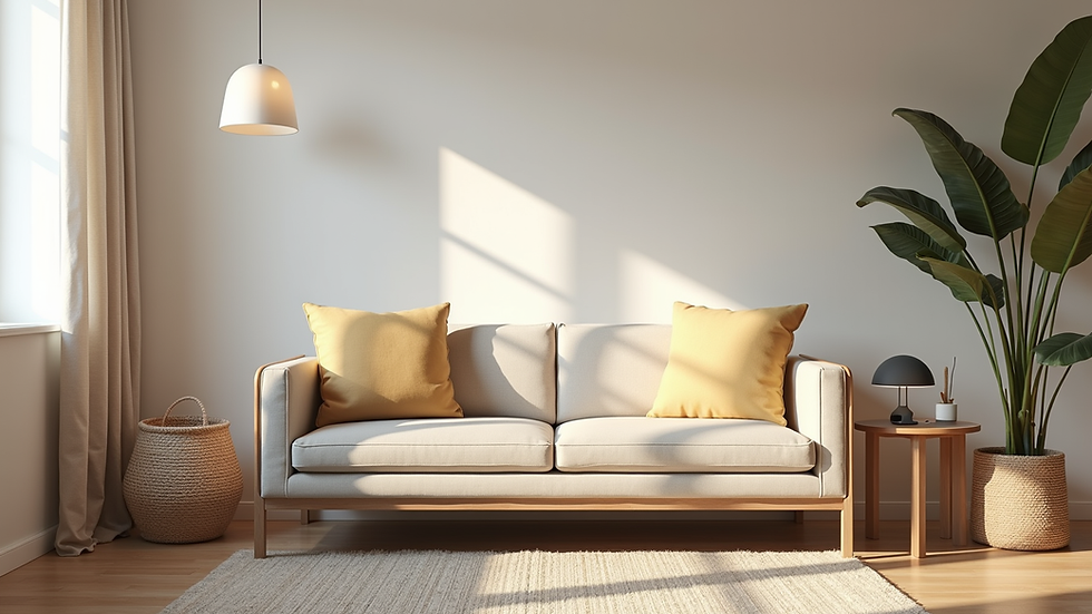 Eye-level view of a cozy living room with fresh paint and tidy furniture