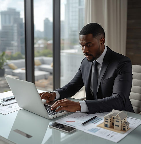 Real estate investor reviewing property financial reports in a professional setting
