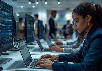 Payroll specialists reviewing employee data and processing payroll on laptops in a corpora