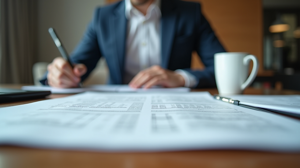 Eye-level view of a person reviewing tax documents at a desk