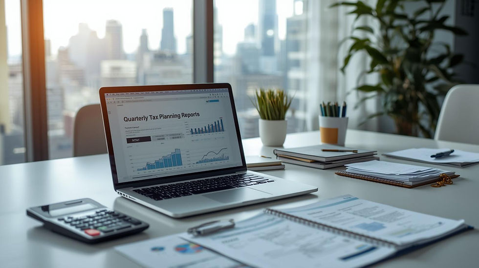 Quarterly estimated tax payment planning with financial reports and organized tax documents on a professional workspace