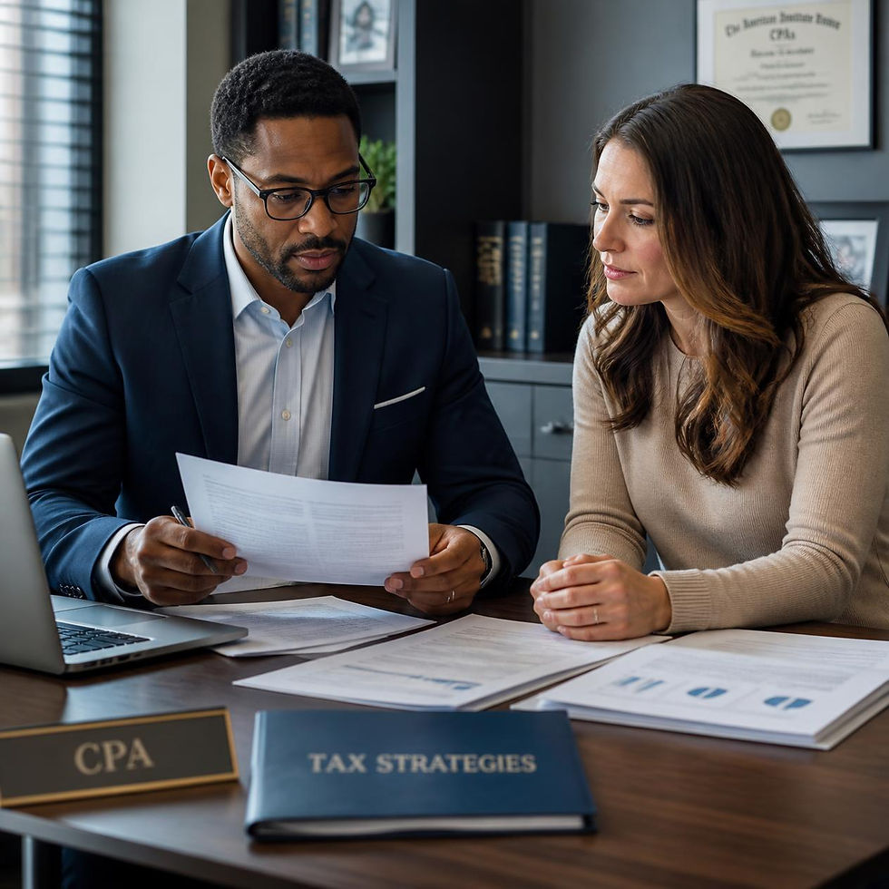 CPA reviewing tax documents and financial reports with a client during a tax services meeting.